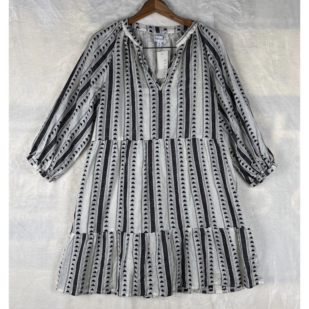 Evereve Carolina Black White Geometric Print Tiered Mini Dress M Pockets Lined